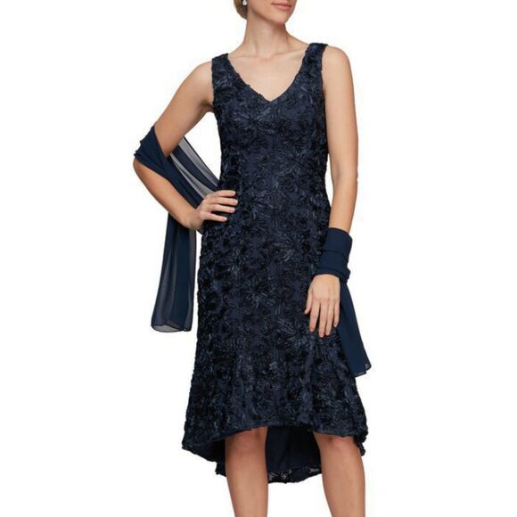 NWT Alex Evening Women's Soutache Embroidered Lace Hi-Low Hem Flounce Midi Dress - Picture 1 of 9